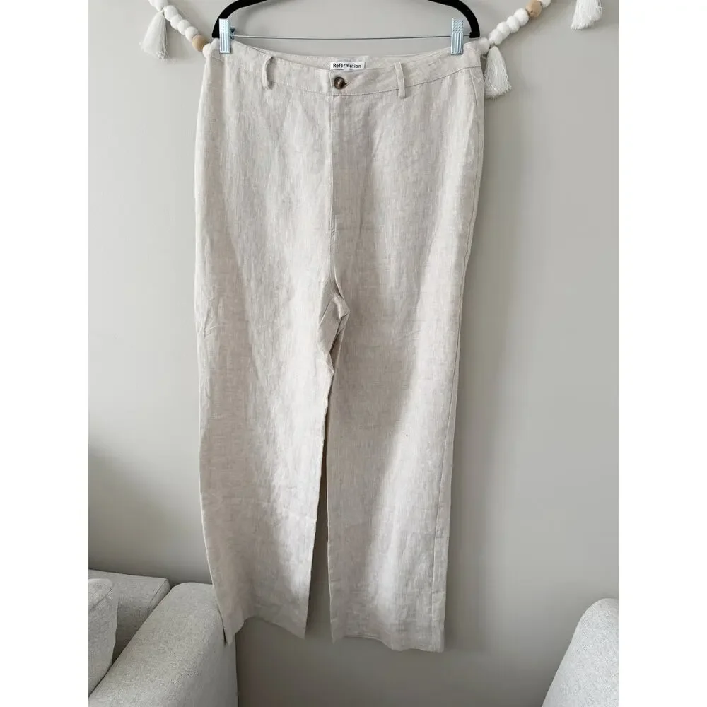 Reformation Linen Pants Beige High Rise Straight Leg Trousers Size 12